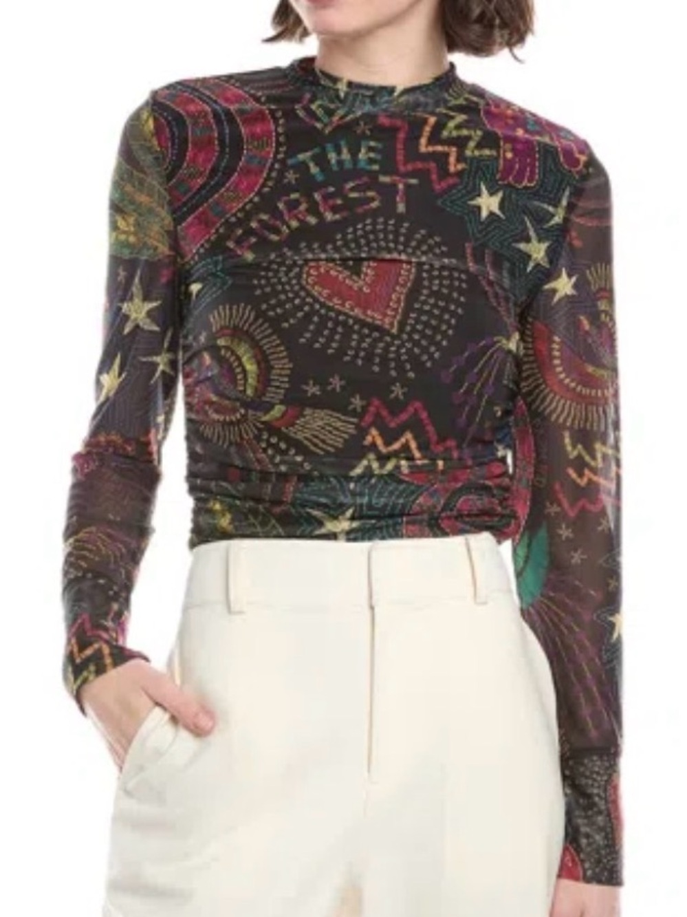 Farm Rio Amazonia Tulle Blouse Multicolor Sheer Mock Neck Size S - Picture 11 of 11